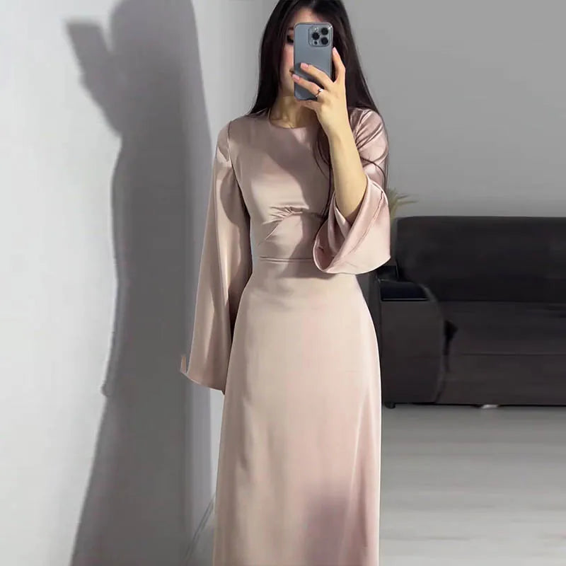 Satin dress with long sleeves