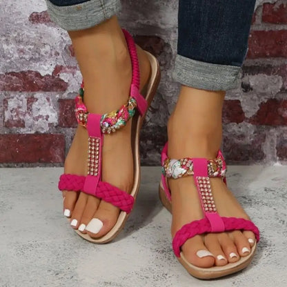 Flat Sandals Rhinestone Elastic Back